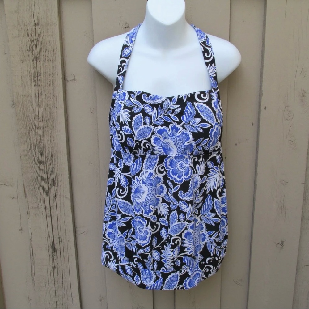 Lands End Swimsuit Tankini Top 12 Black White Floral Blue Padded Shelf Bra